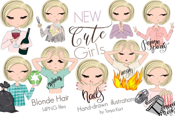 Blonde Hair Girls Planner Clipart Cute Girls Clipart Planner Girls Clipart Pajama Party Clipart Short Hair Girls Planner Supplies