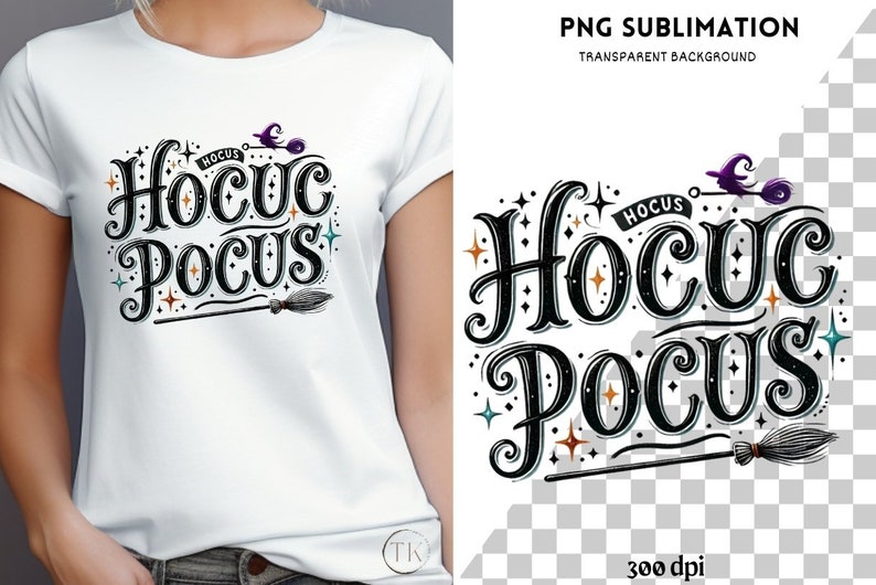 May include: White t-shirt featuring the words "Hocus Pocus" in a whimsical, black script with decorative stars and a witch's hat. A broom is also included in the design. The shirt is a classic crew neck.