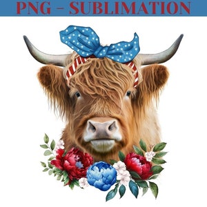 Highland Cow Png, 4Th Of July Png, Cow With Flowers Png, Cow Png Design, Red White Blue Png, Cow Sublimation Png, Patriotic Cow Png