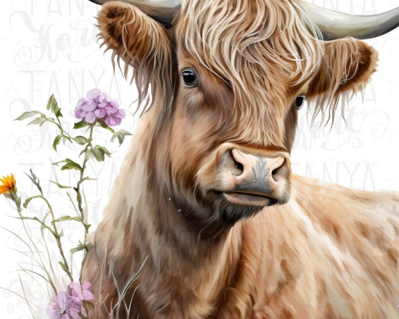 Highland Cow With Flowers Png Instant Download Clipart for Commercial ...