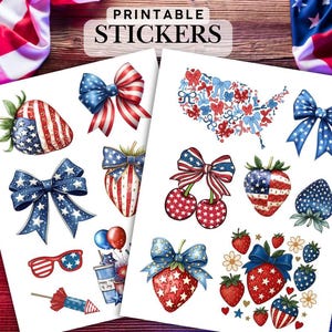 May include: Two sheets of printable stickers featuring patriotic designs. The stickers include strawberries, bows, and cherries decorated with the American flag. The stickers also include a map of the USA and fireworks.