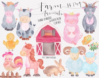 Watercolor Farm Animals Graphics Clipart for Kids Invitations and Crafts, Adorable Cow,Rooster,Lamb,and Pig Illustrations for Commercial Use