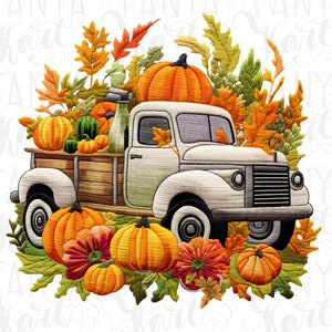 May include: An embroidered design featuring a vintage white truck filled with pumpkins and gourds. The truck is surrounded by autumn leaves in shades of orange, yellow, and green, creating a fall harvest theme.