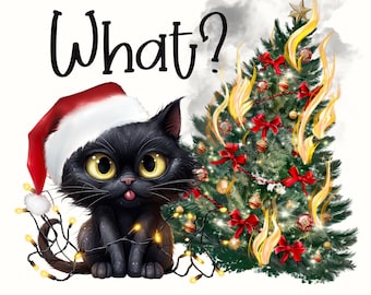 Árbol de Navidad con gato, PNG de animal navideño para amantes de los  gatos, sudadera con gato negro y luces navideñas, PNG de gato lindo