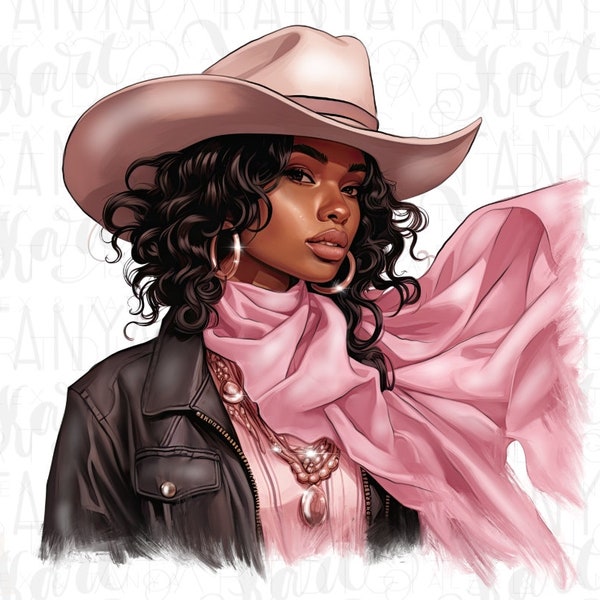 African American Pink Cowgirl PNG Digital Download for Sublimation Designs, Pink Western Cowgirl Hat and Texas Designs for Print on Demand