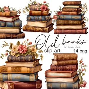 Vintage Buch Clipart Bundle, alte Bücher Aquarell, antike Buchillustration, Vintage Blumen, digitale Bücherwurm, Book Reader PNG, Book Stack