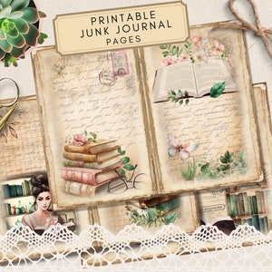 Op de afbeelding: Printbare junk journal pagina's met een vintage esthetiek. De pagina's bevatten afbeeldingen van boeken, bloemen, vlinders en een vrouw die leest. De pagina's zijn ontworpen om te worden gebruikt in een junk journal of andere creatieve projecten.