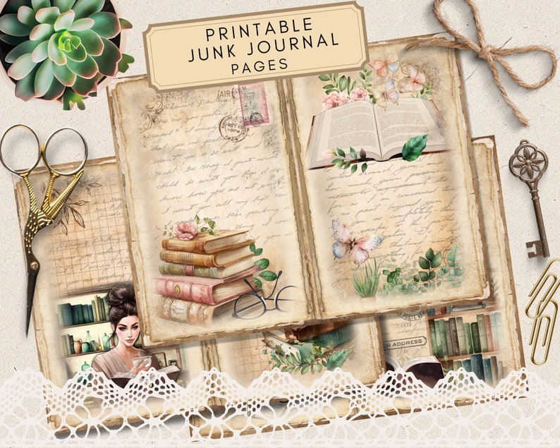 Op de afbeelding: Printbare junk journal pagina's met een vintage esthetiek. De pagina's bevatten afbeeldingen van boeken, bloemen, vlinders en een vrouw die leest. De pagina's zijn ontworpen om te worden gebruikt in een junk journal of andere creatieve projecten.