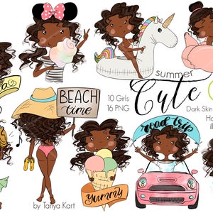 Summer African American Girl Clipart Set, Digital Download for Planner Stickers or Party Decorations, Black Woman Stickers, Beach PNG