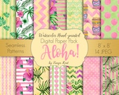 Tropical Watercolor Paper: Aloha Leaves, Seamless Patterns (JPEG)
