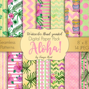 Carta digitale Aloha, carta tropicale Jpeg, motivi senza soluzione di continuità, carta per acquerello, foglie tropicali, carta digitale Hawaii, scrapbooking digitale