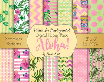 May include: A digital paper pack with 14 seamless patterns in a tropical theme. The patterns feature pink and green watercolor designs of hibiscus flowers, palm leaves, polka dots, stripes, hearts, and chevron patterns. The text "Watercolor Hand-painted Digital Paper Pack Aloha! by Tanya Kart" is in the center of the image. The text "8' x 8' 14 JPEG" is in the bottom right corner of the image.
