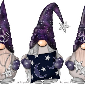 May include: Three purple and gray gnomes with galaxy print hats. The gnome on the left is holding a star and a crescent moon. The gnome in the middle is holding a blue pillow with stars and a crescent moon. The gnome on the right is holding a string of stars.
