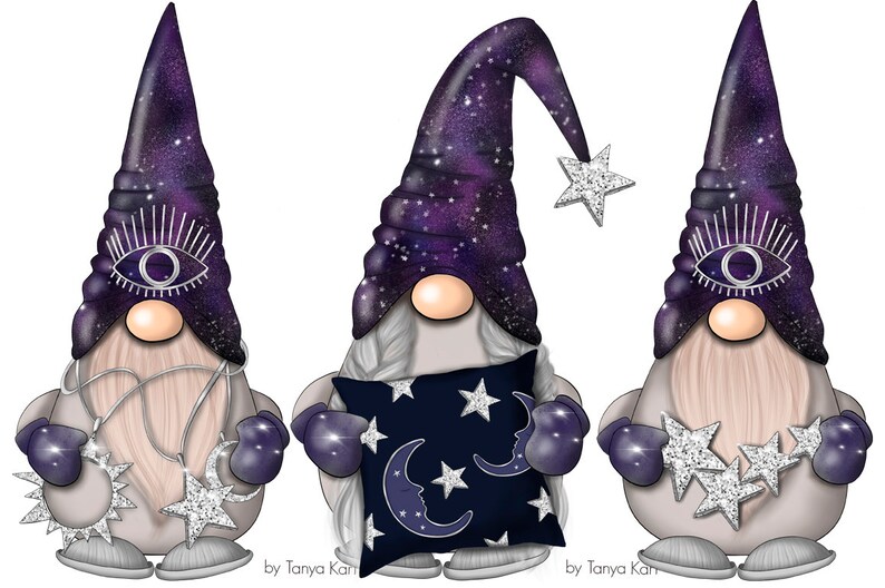 May include: Three purple and gray gnomes with galaxy print hats. The gnome on the left is holding a star and a crescent moon. The gnome in the middle is holding a blue pillow with stars and a crescent moon. The gnome on the right is holding a string of stars.