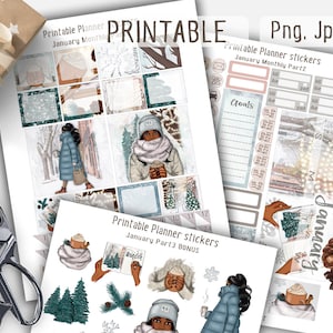 Printable Winter Planner Stickers, African American January Stickers, Erin Condren Stickers, Winter Kit