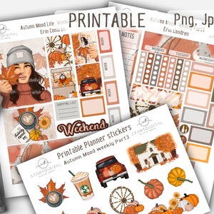 May include: Printable planner stickers with an autumn theme. The stickers feature illustrations of pumpkins, coffee cups, a house, a truck, and a wheel. The text "Printable Planner Stickers" and "Autumn Mood Weekly Part 3" are also included.