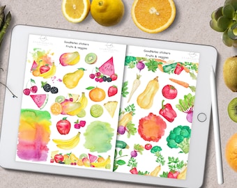 May include: A digital tablet displays two sheets of watercolor stickers labeled "GoodNotes stickers Fruits & veggies." The stickers feature colorful illustrations of fruits and vegetables, including apples, bananas, and carrots. Fresh produce surrounds the tablet.