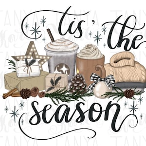 Tis The Season Zimowa ilustracja, ręcznie rysowane png, wzory świąteczne, cytat świąteczny, cyfrowe pobieranie png, pliki do wydrukowania w formacie png