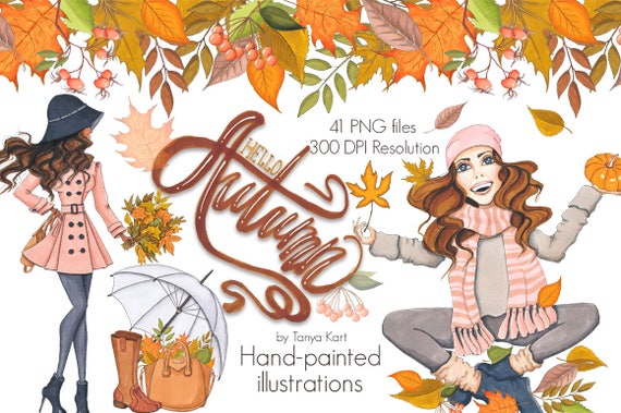 Hello Autumn Clipart Autumn Clipart Fall Hand-Painted | Etsy