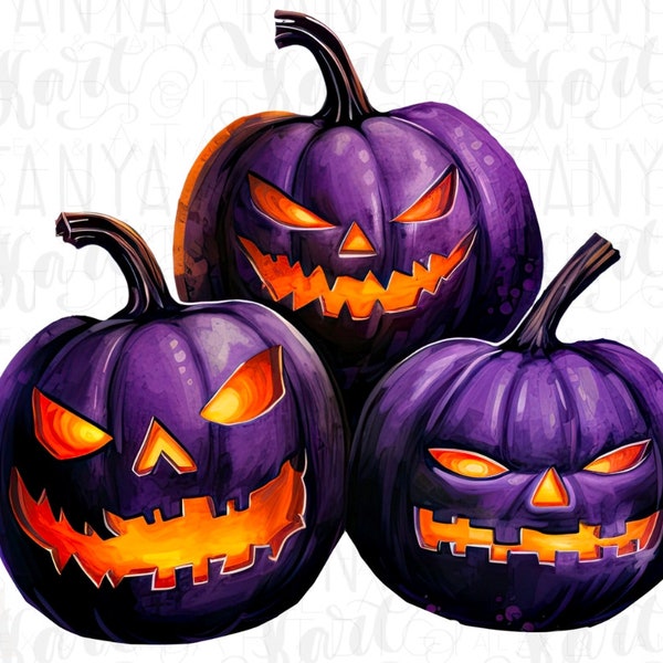 Purple Pumpkins Sublimation Designs: Scary Halloween PNG for Graphic Printing, Jack O Lantern PNG Download for Sticker, Halloween Decoration