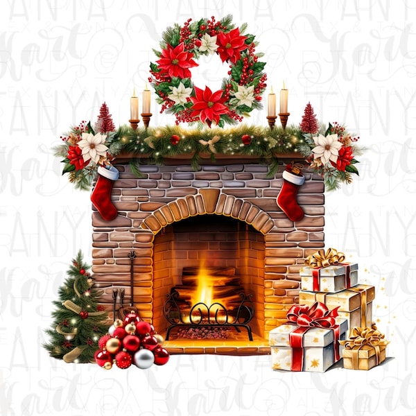 Christmas Fireplace Instant Download Digital PNG for Cards & Gifts, Cozy Cottage Fireplace Ornaments for Sublimation Art, Holiday Greetings