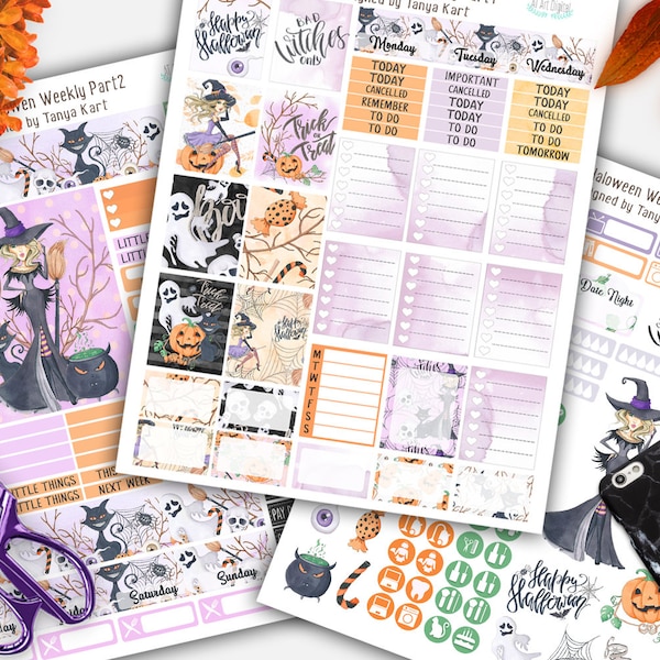 October Stickers, October Weekly kit, Printable Planner Stickers, Autumn stickers, Halloween stickers, Witches planner