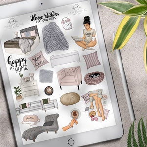 May include: A digital sheet of stickers featuring illustrations of home decor, furniture, and a woman reading a book. The stickers are designed for use in planners and journals. The text on the sheet reads "Home Stickers for Good Notes" and "Happy at Home".