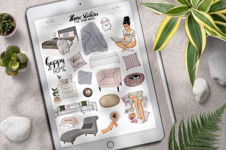 May include: A digital sheet of stickers featuring illustrations of home decor, furniture, and a woman reading a book. The stickers are designed for use in planners and journals. The text on the sheet reads "Home Stickers for Good Notes" and "Happy at Home".