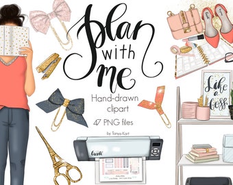 Planner Girl Clipart, Coral Pink Gold Fashion Clipart for Stickers, Craft Supplies, Office Clipart, Blog Girl Elements, and Planning Clipart