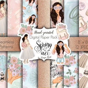 Papel digital femenino, patrones de primavera, papeles para agenda, patrones sin costuras, paquete de papel para álbumes de recortes, papeles digitales, papel de chica de moda