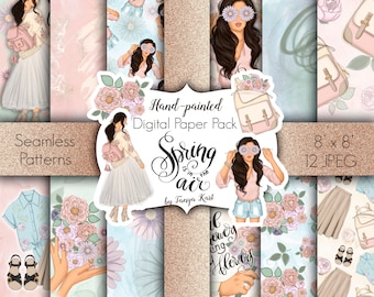 Papel digital femenino, patrones de primavera, papeles para agenda, patrones sin costuras, paquete de papel para álbumes de recortes, papeles digitales, papel para chicas de moda
