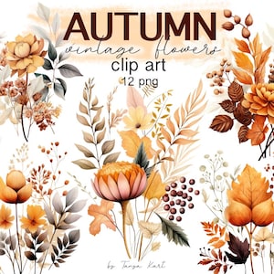 Herbst Blumen Clipart Bundle: Herbst Blumensträuße Vintage Designs für Scrapbooking & Boho Hochzeiten, Terrakotta Bilder, Gebrannte Orange Blumen
