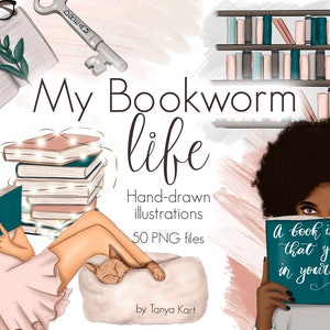May include: Digital illustration of two women reading books. One woman is sitting on a beanbag with a cat sleeping on her lap. The other woman is standing and holding a book that says "A book is a dream that you hold in your hand". The background is a light pink color with a bookshelf and a key.