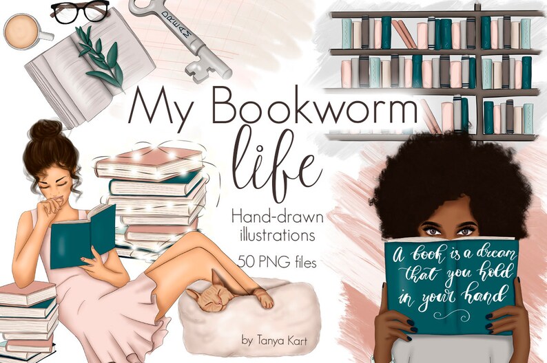 May include: Digital illustration of two women reading books. One woman is sitting on a beanbag with a cat sleeping on her lap. The other woman is standing and holding a book that says "A book is a dream that you hold in your hand". The background is a light pink color with a bookshelf and a key.