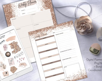 Rose Gold Weekly Planner Digital Download | Printable Weekly Schedule | Productivity Planner PDF | Aesthetic Letter Size |Goodnotes Stickers