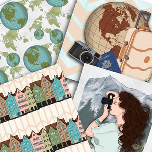 Puede incluir: Un collage digital con cuatro im&aacute;genes diferentes. La imagen superior izquierda es un patr&oacute;n de acuarela de globos terr&aacute;queos y mapas. La imagen superior derecha presenta un globo terr&aacute;queo marr&oacute;n, una maleta, una c&aacute;mara y un pasaporte. La imagen inferior izquierda es un patr&oacute;n de casas coloridas. La imagen inferior derecha es una mujer con cabello largo y casta&ntilde;o sosteniendo una c&aacute;mara frente a una escena de monta&ntilde;a.
