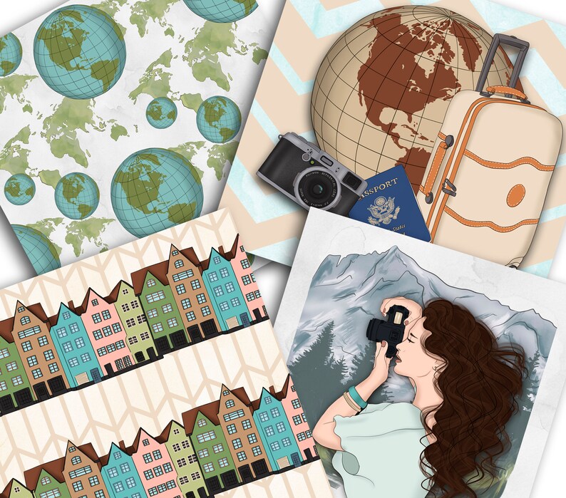 Puede incluir: Un collage digital con cuatro im&aacute;genes diferentes. La imagen superior izquierda es un patr&oacute;n de acuarela de globos terr&aacute;queos y mapas. La imagen superior derecha presenta un globo terr&aacute;queo marr&oacute;n, una maleta, una c&aacute;mara y un pasaporte. La imagen inferior izquierda es un patr&oacute;n de casas coloridas. La imagen inferior derecha es una mujer con cabello largo y casta&ntilde;o sosteniendo una c&aacute;mara frente a una escena de monta&ntilde;a.
