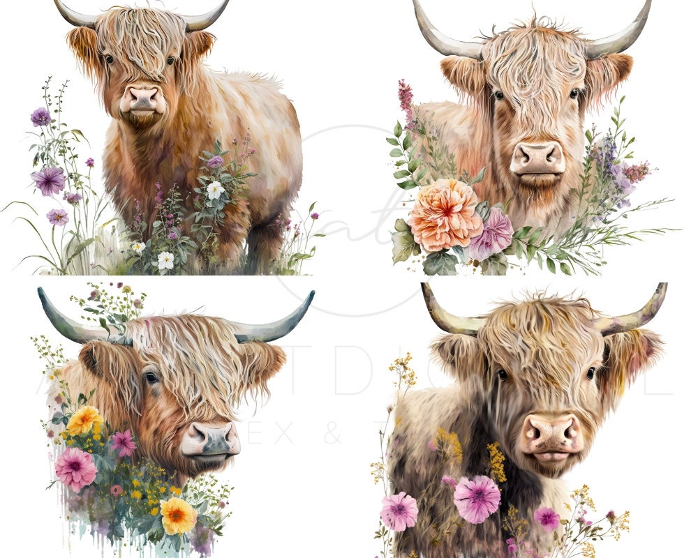 Highland Cow With Flowers Png Instant Download Clipart for Commercial ...