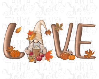 Sublimation Designs, Love Gnome Fall Png, Download File, Garden Gnome, Hello Autumn Png, Fall Season, Holiday Gnome, Planner Stickers