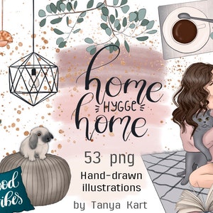 Hygge Home Clipart, Girly Clipart Bundle, Planner Girl Clipart, Hand-Drawn Fashion Illustrations for Craft Supplies & Scrapbooking