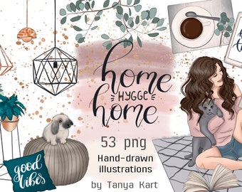 Hygge Home Clipart, Girly Clipart Bundle, Planner Girl Clipart, Hand-Drawn Fashion Illustrations for Craft Supplies & Scrapbooking