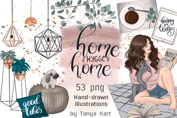 Hygge Home Clipart, Girly Clipart Bundle, Planner Girl Clipart, Hand-Drawn Fashion Illustrations for Craft Supplies & Scrapbooking
