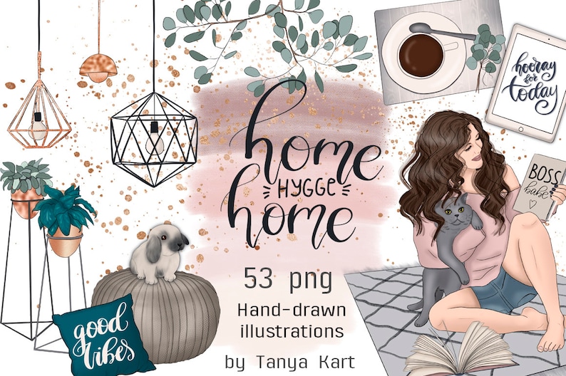 Hygge Home Clipart, Girly Clipart Bundle, Planner Girl Clipart, Hand-Drawn Fashion Illustrations for Craft Supplies & Scrapbooking