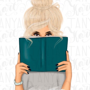 May include: A woman with blonde hair in a bun is reading a teal book. She is wearing a grey shirt and a white watch.