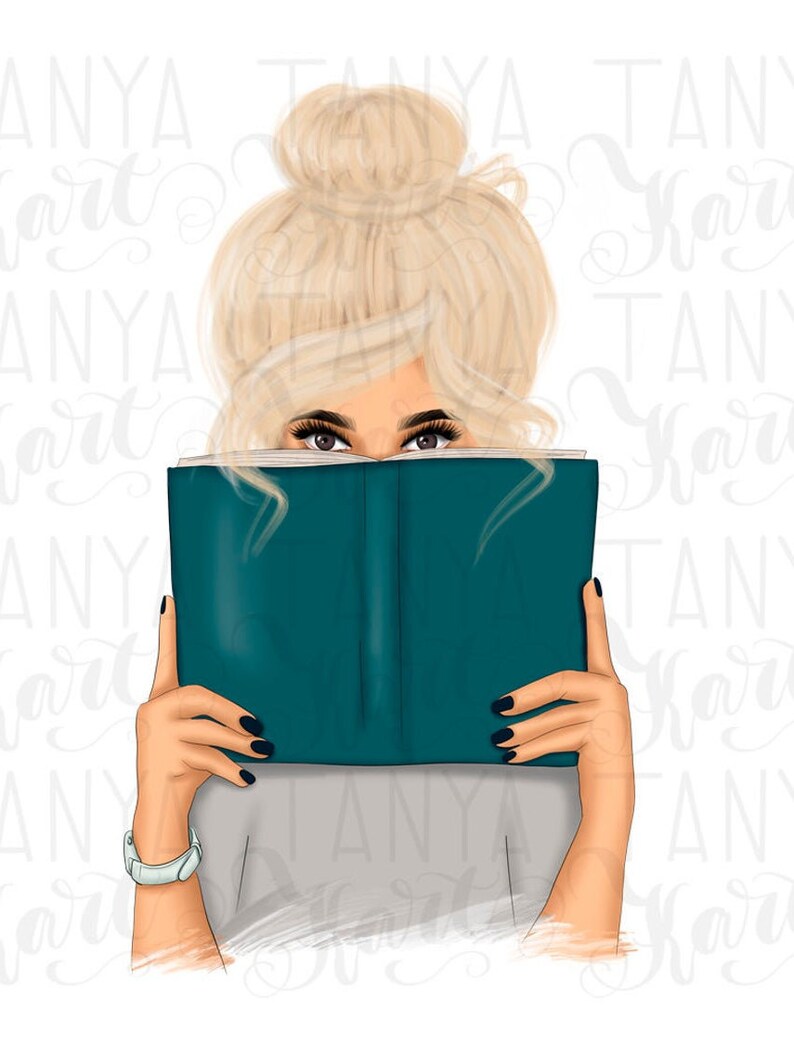 May include: A woman with blonde hair in a bun is reading a teal book. She is wearing a grey shirt and a white watch.