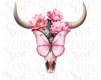 Western Floral Cow Skull PNG with Butterfly, Instant Download Sublimation Design Graphic Digital File, Pink Flowers, Floral Skeleton Design