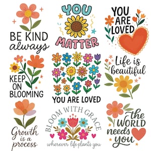 Inspirerende bloemencitaten Png-bundel direct downloaden, geestelijke gezondheid png, motiverende sublimatieontwerpen voor T-shirts, vriendelijkheidscitaten