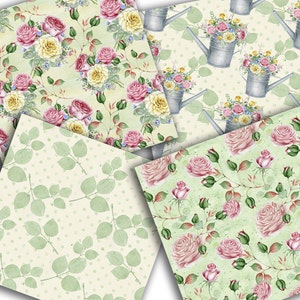 May include: Four digital paper patterns featuring floral designs with pink and yellow roses, green leaves, and white polka dots on a light green background. The patterns are perfect for scrapbooking, card making, and other craft projects.