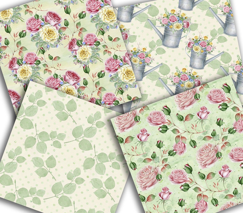 May include: Four digital paper patterns featuring floral designs with pink and yellow roses, green leaves, and white polka dots on a light green background. The patterns are perfect for scrapbooking, card making, and other craft projects.