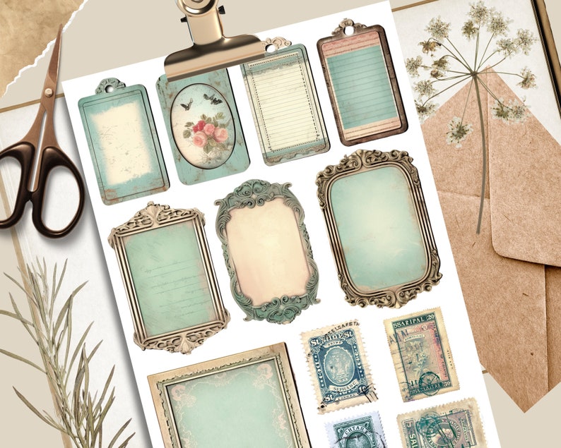May include: A sheet of vintage-style decorative paper with various frames, borders, and stamps. The paper features a light blue and cream color scheme with intricate details.